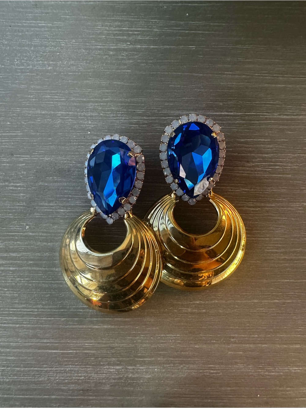 Vintage Gold Hoop Drop Earrings with sapphire blue Teardrop Stones